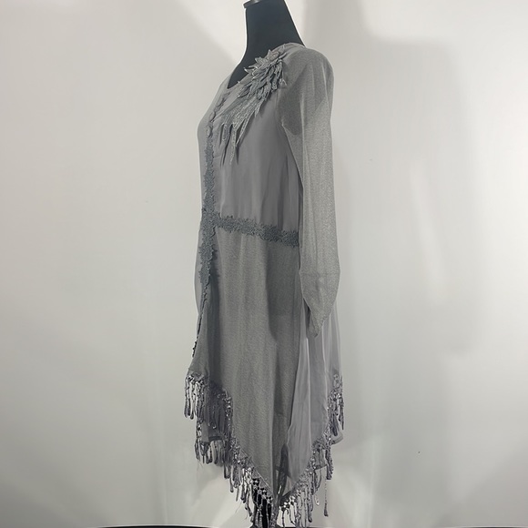 Pretty Angel Tunic,Dress,Fringe details,Sheer, Long Sleeve,Gray, Small,NWT - Picture 2 of 13